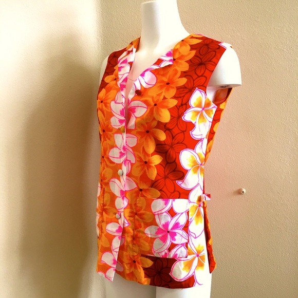 Vintage Pacific Isle Hawaiian Pink Top Homemade Small Aloha Top Orange Flowers - Picture 1 of 7